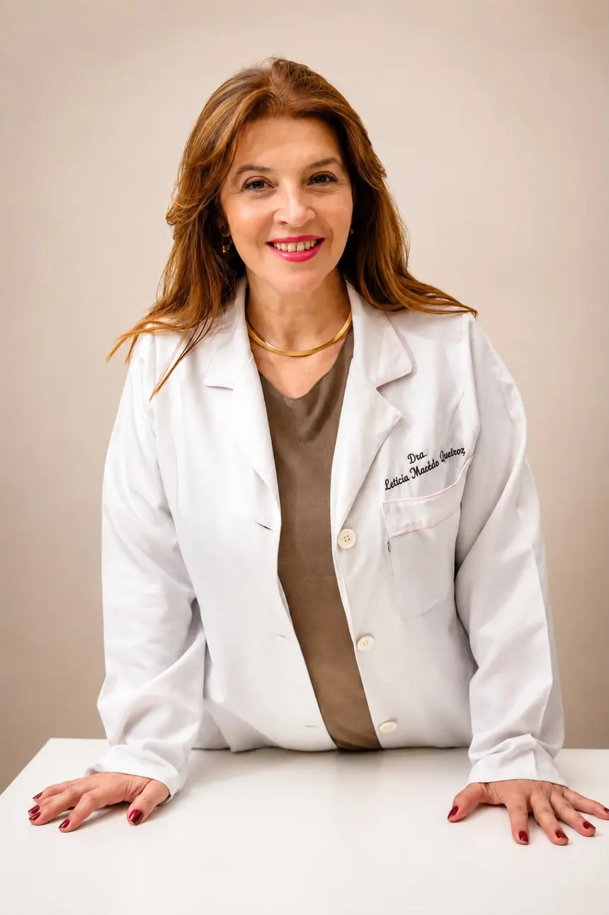 Leticia de Queiroz, fonoaudióloga, de jaleco branco em seu consultório